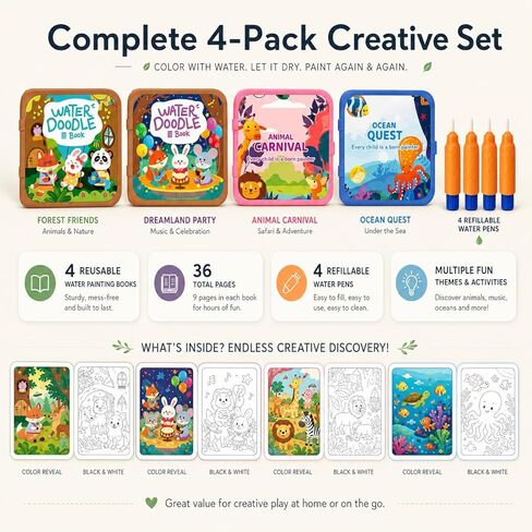Water Painting Book for Kids 4 Pack - Reusable Magic Water Coloring Books with 36 Pages & 4 Water Pens, Mess-Free Art Activity Toys for Toddlers Ages 3-5, Educational Travel Toys Gift for Boys Girls in Saudi Arabia