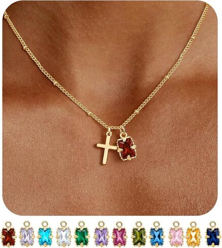 sedmart Birthstone Cross Necklace for Women - 14K Gold Plated Cross Charms Christian Jewelry with 12 Month Birthstone Necklace for Women Birthday Gifts for Her in Saudi Arabia
