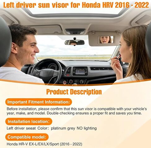Sun Visor with Vanity Mirror – Platinum Gray for Honda HR-V 2016-2022 EX-L/EX/LX/Sport | Driver Side Replacement, Replaces 83230-T7W-A12ZA / 83280-T7W-A11ZA(Left Side) in Saudi Arabia