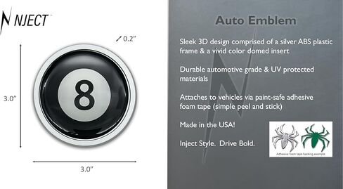 Black Billard 8 Ball Silver Plastic Emblem for Cars, Trucks, SUVs and All Auto | Universal Fit at 3.0" | Weatherproof | Made in The USA in Saudi Arabia