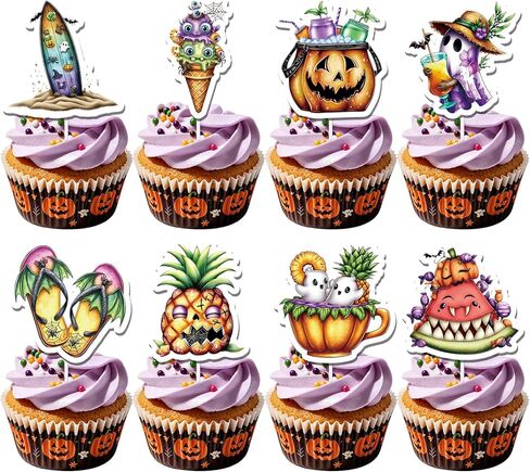 Summer Ween Party Decorations - 24 Pcs Orange Funny Summer Halloween Themed Supplies Favors for Boys Girls Spooky Hawaii Beach Ghosts Cupcake Toppers Set Cake Cupcakes Dessert Decor in Saudi Arabia