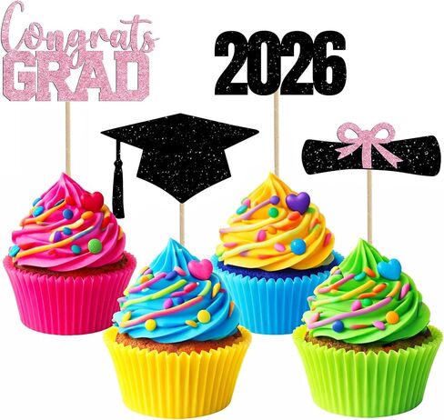 2026 Graduation Cupcake Toppers, 48PCS Graduation Party Food Picks, Diploma & Grad Cap Cake Decorations for Class of 2026, Mini Dessert Appetizer Picks for Graduation Party Supplies (Pink) in Kuwait