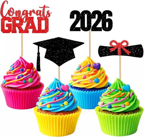 2026 Graduation Cupcake Toppers, 48PCS Graduation Party Food Picks, Diploma & Grad Cap Cake Decorations for Class of 2026, Mini Dessert Appetizer Picks for Graduation Party Supplies (Pink) in Kuwait