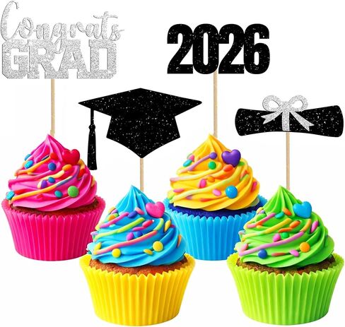 2026 Graduation Cupcake Toppers, 48PCS Graduation Party Food Picks, Diploma & Grad Cap Cake Decorations for Class of 2026, Mini Dessert Appetizer Picks for Graduation Party Supplies (Pink) in Kuwait