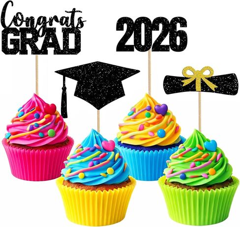 2026 Graduation Cupcake Toppers, 48PCS Graduation Party Food Picks, Diploma & Grad Cap Cake Decorations for Class of 2026, Mini Dessert Appetizer Picks for Graduation Party Supplies (Pink) in Kuwait