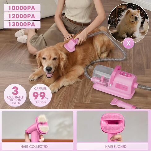 Dog Hair Vacuum & Grooming Kit 2.5L Large Capacity, Pet Grooming Vacuum with Clipper, Ideal for Shedding Dogs & Cats at Home Cleaning Tools - Purple/Pink in Kuwait