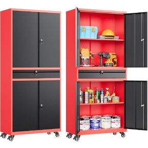 SISESOL Metal Storage Cabinet with Wheels and Drawer,Rolling Garage Storage Cabinet with Lock,Black Red Metal Cabinets with Wheel,73" Mobile Tall Tool Cabinets on Wheel for Home,Office,Garage,Shop in Saudi Arabia