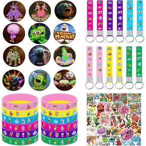 Monster Party Favors Monster Party Supplies Include 12 Bracelets-50 Stickers-12 Button Pins-12 Keychain for Monster Party Decorations… in Saudi Arabia