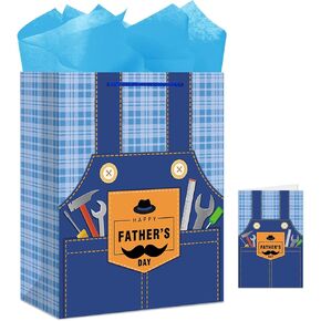 JUESMOS 13" Large Father's Day Gift Bag with Greeting Card Happy Fathers Day Paper Gifts Bag Blue Jeans Paper Bags with Tissue Papers for Men Dad Father Grandpa Party Favor Supplie in Kuwait