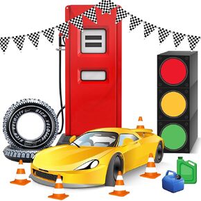 Soulchen 15 قطعة من ديكورات حفلات أعياد الميلاد لسباق السيارات مقاس 73 بوصة لمحطة بنزين السباق خلفية لسباق السيارات من الورق المقوى لافتة راية مربعة الشكل صندوق إضاءة المرور عجلة بالونات صور كشك الدعامة in Kuwait