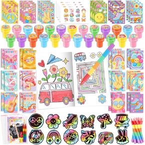 BenLouis 84 Pcs Hippie Boho Party Favors Set Groovy Coloring Books Bulk for Kids Classroom Retro Daisy Birthday Gift Party Candy Goodie Bag Fillers Flowers Gift Decor Pinata Prize Activity Supplies in Kuwait