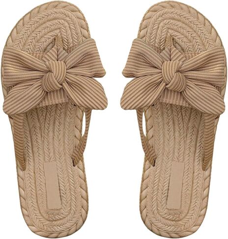 SHENHE Women's Open Toe Bow Flat Sandals Textured Slip on Beach Sandals Summer Slides in Saudi Arabia