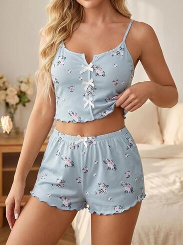 Women's Soft Floral Print Camisole Shorts Pajama Set Light Blue Spaghetti Strap Spring Summer Loungewear in Saudi Arabia