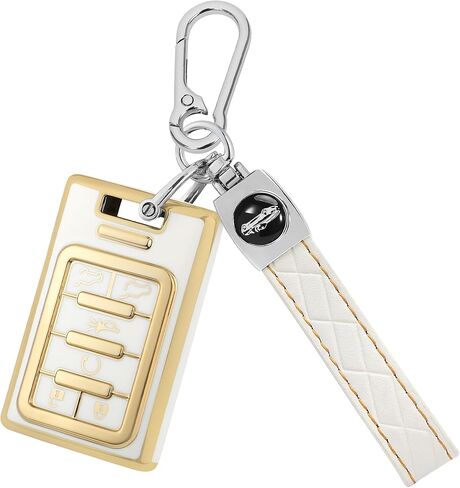 TOMALL for Cadillac Key Fob Cover with Keychain, 6 Buttons Soft TPU Key Fob Protector Compatible with Cadillac 2007-2014 Escalade Chevy Suburban Tahoe Car Key Cover, White in Kuwait