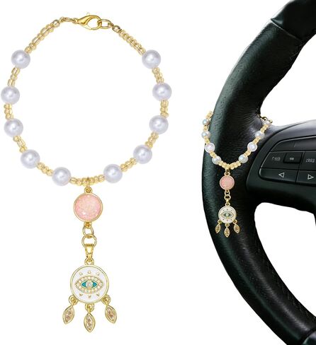 Ornaland Evil Eye Steering Wheel Charm Chain Rosary Cute Car Rearview Mirror Charm Hanging Accessories Beaded Pearl and Rose Crystal Pendant Boho Decor Aesthetic for Woman Man in Kuwait