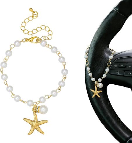 Ornaland Evil Eye Steering Wheel Charm Chain Rosary Cute Car Rearview Mirror Charm Hanging Accessories Beaded Pearl and Rose Crystal Pendant Boho Decor Aesthetic for Woman Man in Kuwait