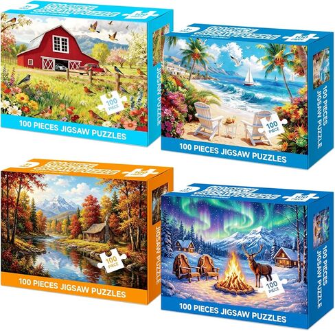 4-Pack 100 Piece Puzzle, Four Seasons Scenery 100 Piece Puzzles for Adults Seniors, Nature Landscape Large Piece Jigsaw Puzzles for Seniors Adults Educational Jigsaw Puzzles 100 Pieces (15x10 in) in Saudi Arabia