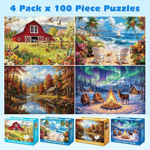4-Pack 100 Piece Puzzle, Four Seasons Scenery 100 Piece Puzzles for Adults Seniors, Nature Landscape Large Piece Jigsaw Puzzles for Seniors Adults Educational Jigsaw Puzzles 100 Pieces (15x10 in) in Saudi Arabia