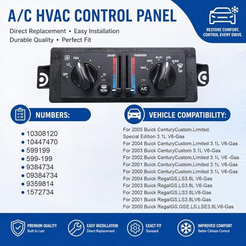 HVAC Heater Control Panel Compatible with 2001 2002 2003 2004 Buick Regal GS LS 3.8L V6, Replacement for 10308120 599199 Manual A/C Control in Saudi Arabia