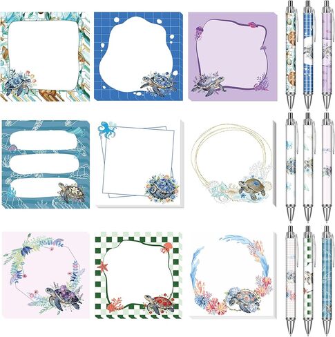 Turtle Sticky Notes and Pens 9 Pack, Cute Sea Turtle Notepads for Ocean Lovers, Self-Stick Memo Note Pads with Pen Set for Work, Turtles Gifts for Students Teachers School Office Supplies 3×3 Inch in Saudi Arabia