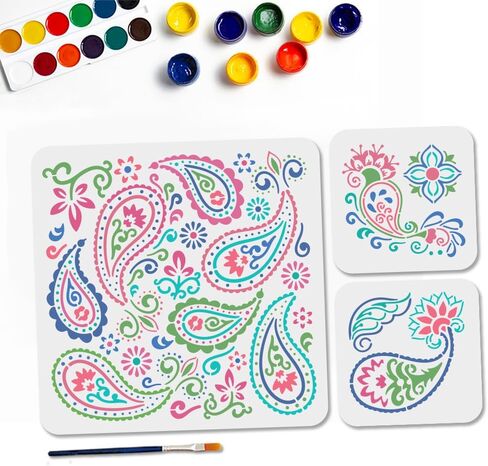 MAYJOYDIY 3Pcs Paisley Stencils Vintage Mandala Paisley Stencils for Painting 11.8×11.8/5.9×5.9inch Floral Border Art Craft Templates with Paint Brush for Window Wood Wall Home Gift Decor in Kuwait