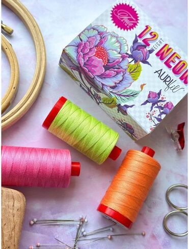 Aurifil Designer Collections 3 Large Spools 100% Cotton 12wt (356 Yards Each) TP12NC3 | 12wt Neon by Tula Pink Colors Included: 7002, 7000, 7001 - Made in Italy (TP12NC3-12wt Neon) in Kuwait