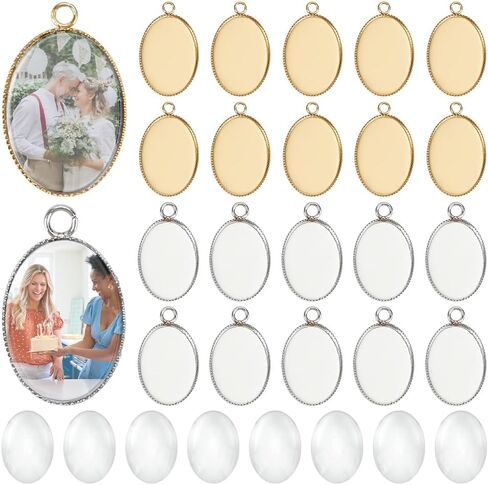 PH PandaHall 40pcs 304 Stainless Steel Pendant Tray Kit, 20pcs Oval Pendant Blank Bezel 20pcs 18x13mm Glass Clear Cabochon Dome Photo Pendants for Necklace Wedding Bouquet Graduation Photo Charm, 2 Colors in Kuwait