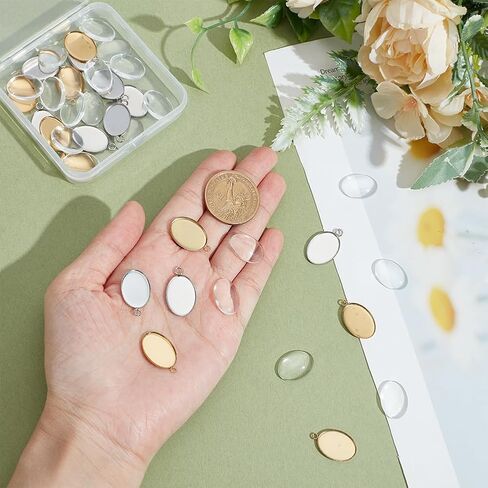 PH PandaHall 40pcs 304 Stainless Steel Pendant Tray Kit, 20pcs Oval Pendant Blank Bezel 20pcs 18x13mm Glass Clear Cabochon Dome Photo Pendants for Necklace Wedding Bouquet Graduation Photo Charm, 2 Colors in Kuwait