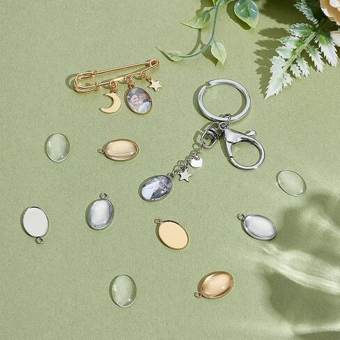 PH PandaHall 40pcs 304 Stainless Steel Pendant Tray Kit, 20pcs Oval Pendant Blank Bezel 20pcs 18x13mm Glass Clear Cabochon Dome Photo Pendants for Necklace Wedding Bouquet Graduation Photo Charm, 2 Colors in Kuwait