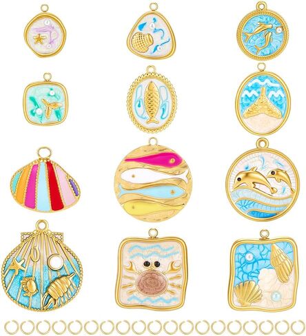 ph pandahall 12pcs 18k الذهب مطلي المينا المعلقات الصيف المحيط سحر البحر موضوع حورية البحر سحر محظوظ سمك الشبوط قذيفة سحر للمجوهرات القرط سوار القلائد صنع in Kuwait