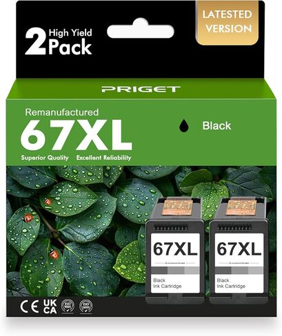 خرطوشة حبر سوداء 67XL متوافقة مع HP 67 XL لطابعة DeskJet 2755e 2700 2855e 2800 2800e 2752 2742e 4155e 4255e 4100 Envy 6000 6055 6055e 6455e (عبوتان باللون الأسود) in Kuwait