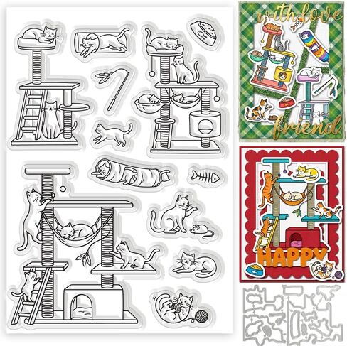Silicone Stamps and Die Cuts for Card Making, Reusable Cat Tree Frame and Cat Play Clear Stamps Stencils for Crafts, Unique Stamp for DIY Gifts and Album Scrapbooking Book Decor in Kuwait