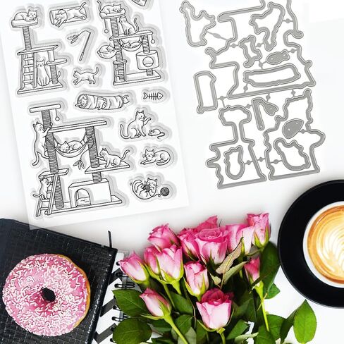 Silicone Stamps and Die Cuts for Card Making, Reusable Cat Tree Frame and Cat Play Clear Stamps Stencils for Crafts, Unique Stamp for DIY Gifts and Album Scrapbooking Book Decor in Kuwait