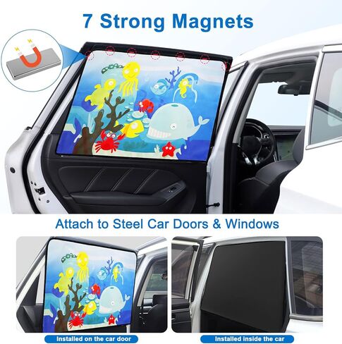 Linkstyle 2PCS Car Window Shade: Magnetic Kids Sun Shade for Steel Doors, Blackout UV Protection Heat Blocking, Cartoon Amusement Park Car Side Window Covers for Baby Privacy in Kuwait