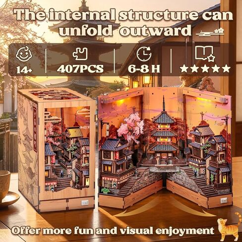CUTEBEE Book Nook Kit – DIY Miniature House Diorama Kit for Adults, Japanese Kyoto Street Booknook Twilight Sakura Path, 3D Wooden Puzzle Bookshelf Insert, Fold-Out Dollhouse Decor Gift in Saudi Arabia
