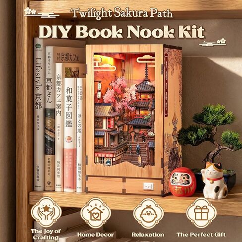 CUTEBEE Book Nook Kit – DIY Miniature House Diorama Kit for Adults, Japanese Kyoto Street Booknook Twilight Sakura Path, 3D Wooden Puzzle Bookshelf Insert, Fold-Out Dollhouse Decor Gift in Saudi Arabia