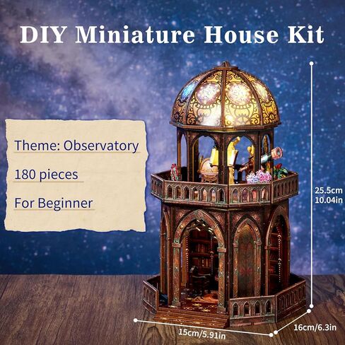 TOYQI Book Nook Mini House Kit, DIY Miniature Dollhouse Booknook for Adults, 3D Wooden Puzzle Bookend Bookshelf Insert Decor, Tiny Stargazing Tower Observatory, Gift for Family and Friends in Saudi Arabia