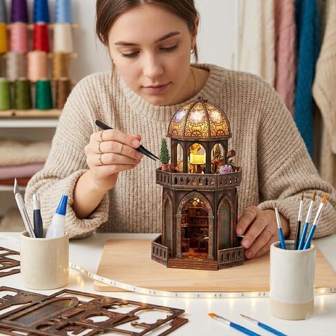 TOYQI Book Nook Mini House Kit, DIY Miniature Dollhouse Booknook for Adults, 3D Wooden Puzzle Bookend Bookshelf Insert Decor, Tiny Stargazing Tower Observatory, Gift for Family and Friends in Saudi Arabia