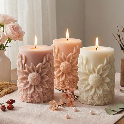 Sunflower Pillar Candle Molds Floral Texture Cylindrical Candle Silicone Mold for Candles Making Resin Casting Aromatherapy Candles Handmade Wax Home Decor in Kuwait