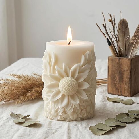 Sunflower Pillar Candle Molds Floral Texture Cylindrical Candle Silicone Mold for Candles Making Resin Casting Aromatherapy Candles Handmade Wax Home Decor in Kuwait