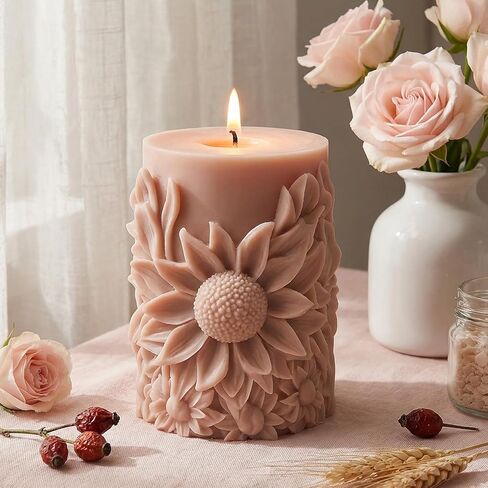 Sunflower Pillar Candle Molds Floral Texture Cylindrical Candle Silicone Mold for Candles Making Resin Casting Aromatherapy Candles Handmade Wax Home Decor in Kuwait