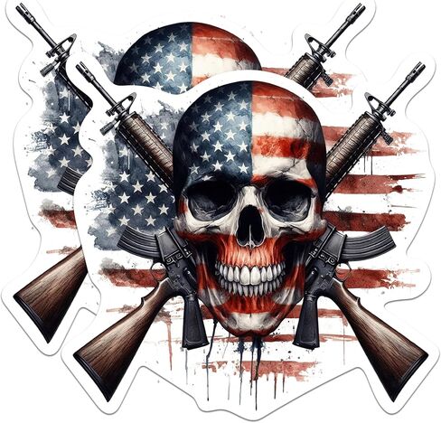 (2 Pack) Skull and Guns USA Flag Stickers - American Flag Patriotic - 5 Inches On Longest Side - Premium Vinyl - for Cars, Skateboards, Laptops - Made in USA - BMCS1370 in Kuwait