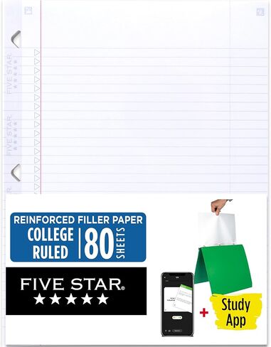 Five Star Loose Leaf Paper + Study App, Notebook Paper, College Ruled Filler Paper, Reinforced, Fights Ink Bleed, 8.5 x 11, 80 Sheets (170102) in Saudi Arabia