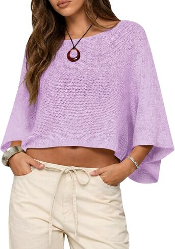 Saodimallsu Womens Batwing Short Sleeve Sweater Crop Tops Lightweight Oversized Boat Neck Crochet Knit Cover Ups in Saudi Arabia