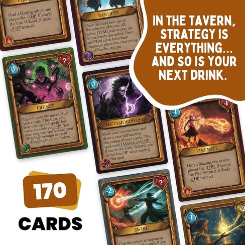 لعبة بطاقات الشرب الإستراتيجية Do or Drink Wizards Tavern للبالغين من عمر 21 عامًا فما فوق - لعبة الحفلات الخيالية الفوضوية مع التعويذات والنرد والوقايات | 2–8 لاعبين، 170 بطاقة، لعبة ممتعة للحفلات بطابع D&D لجلسات Hangout in Kuwait