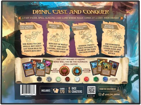 لعبة بطاقات الشرب الإستراتيجية Do or Drink Wizards Tavern للبالغين من عمر 21 عامًا فما فوق - لعبة الحفلات الخيالية الفوضوية مع التعويذات والنرد والوقايات | 2–8 لاعبين، 170 بطاقة، لعبة ممتعة للحفلات بطابع D&D لجلسات Hangout in Kuwait