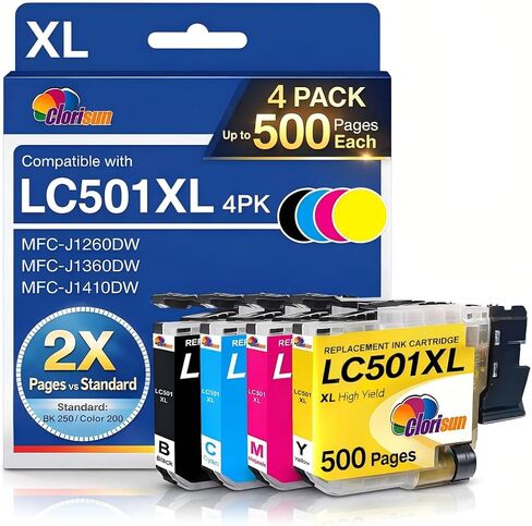 Clorisun LC501XL Ink Cartridges for Brother Printer High Yield Replacement for Brother LC501 LC501XL Ink Cartridges for MFC-J1360DW MFC-J1410DW MFC-J1260DW Printers (Black Cyan Magenta Yellow, 4Pack) in Saudi Arabia