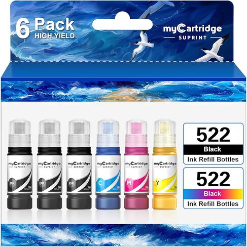 Compatible for 522 Ink Refill Bottles Replacement for Ink 522 Ultra High Capacity Black Cyan Magenta Yellow Works with EcoTank ET-2400 2720 2800 2803 2840 4700 4800 4810 Printer (6 Bottles) in Kuwait