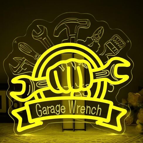 Garage Wrench Neon Sign for Wall Decor, Dimmable Garage LED Neon Light for Workshop Man Cave Garage Auto Repair Shop, Cool Mechanic Gift(Yellow, 13.6 * 12.8 in) in Kuwait