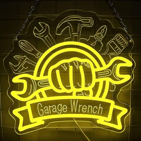 Garage Wrench Neon Sign for Wall Decor, Dimmable Garage LED Neon Light for Workshop Man Cave Garage Auto Repair Shop, Cool Mechanic Gift(Yellow, 13.6 * 12.8 in) in Kuwait